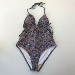 Swimsuit Bathing L Blue Gray Floral One Piece